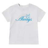 flower script baby tee white