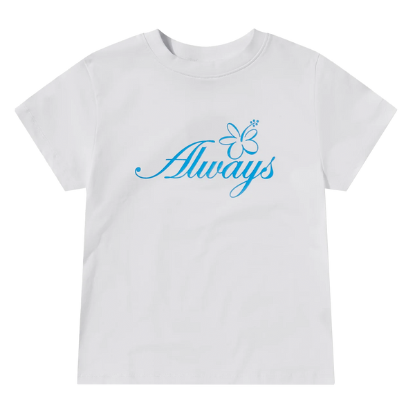 flower script baby tee white